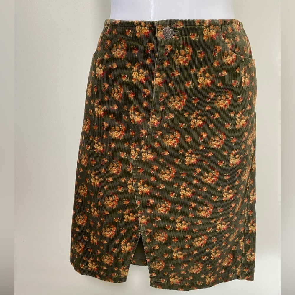 Ralph Lauren Corduroy Skirt, Green Floral, Vintage size 4